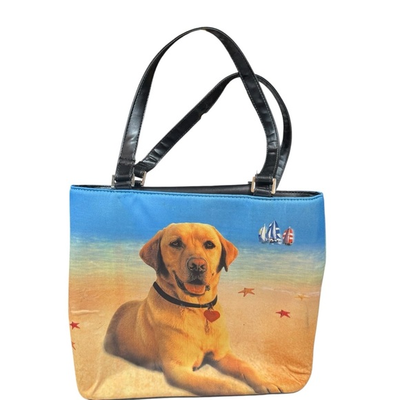 Chic Beach Scene Shoulder Bag with Dog Print - Picture 2 of 10